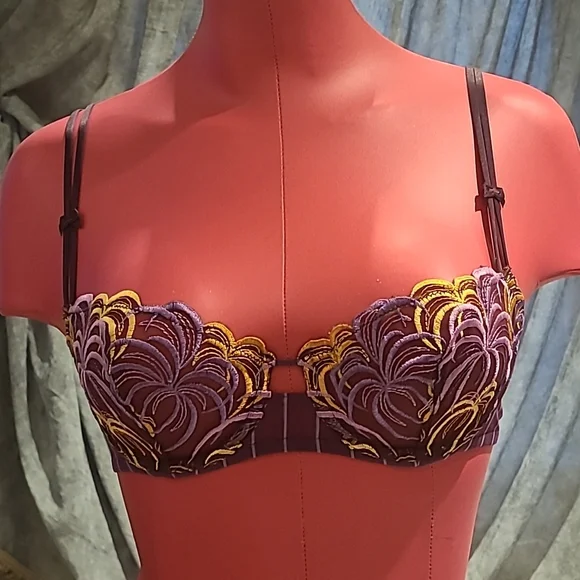 Simone Perele Set Bra 34B and panties Size S Plum pinstriped with embroidery - Picture 2 of 11